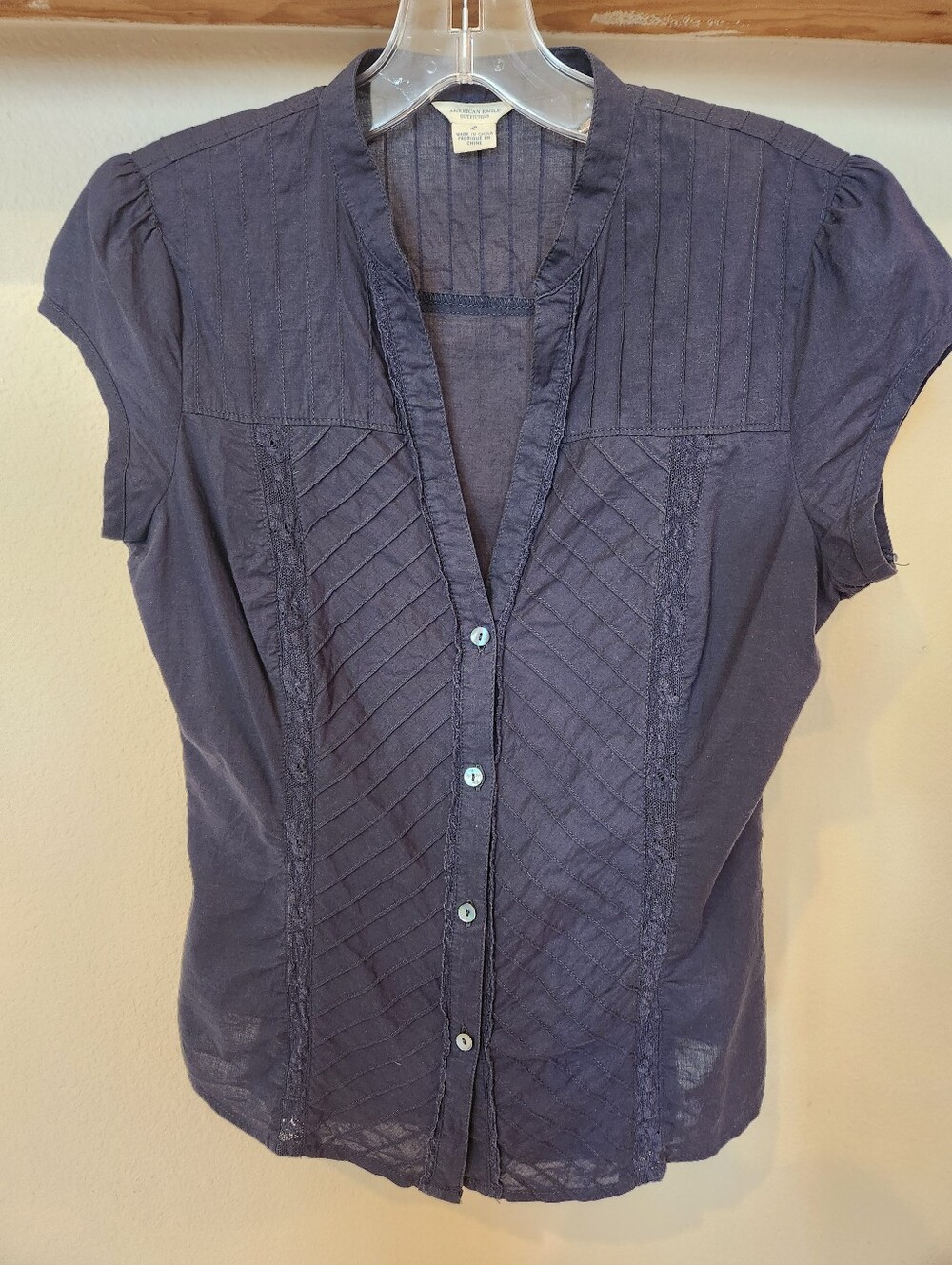 American Eagle Outfitters Navy Pintuck Cotton Button-Front Blouse